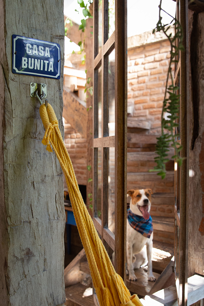 Tião, posa sorrindo, olhando através da janela, foco em primeiro plano na placa CASA BUNITA