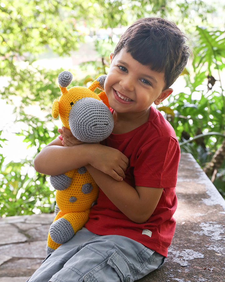 Irmão mais velho, posa olhando para câmera, abraçado com girafa de pelúcia do irmão que está por chegar