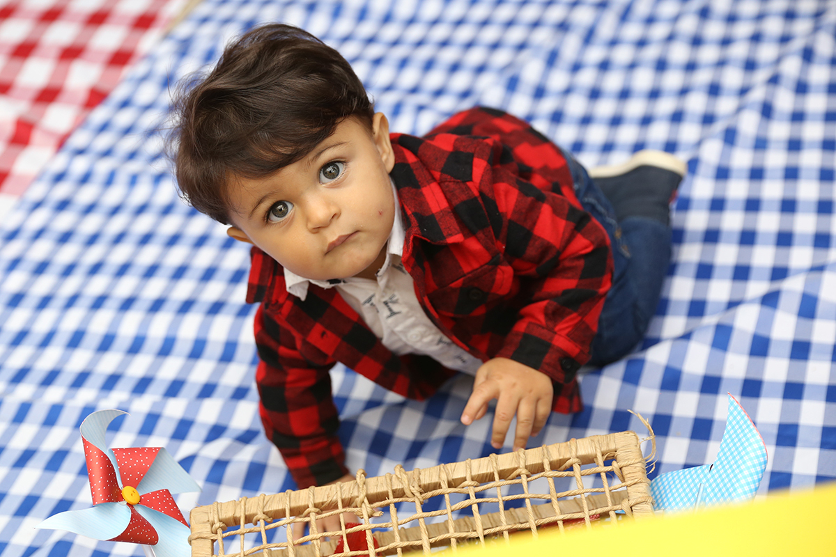 Aniversariante brinca com guloseimas da cesta de picnic
