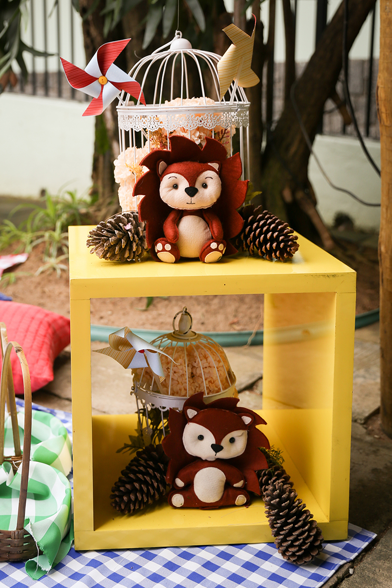 Detalhes da decoração do espaço picnic, animais da floresta de feltro, plantas e pinhas