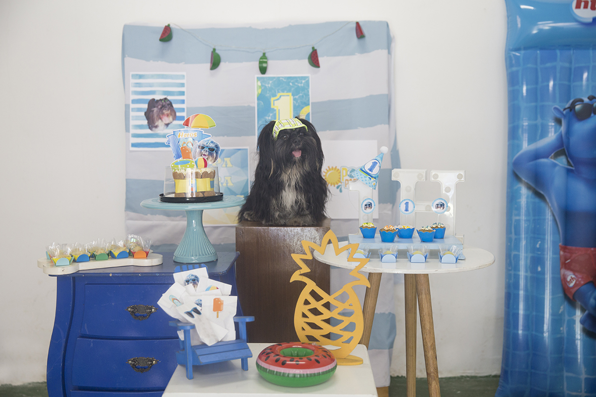 Cão Heros posa na mesa decorada, ao fundo, perto do bolo