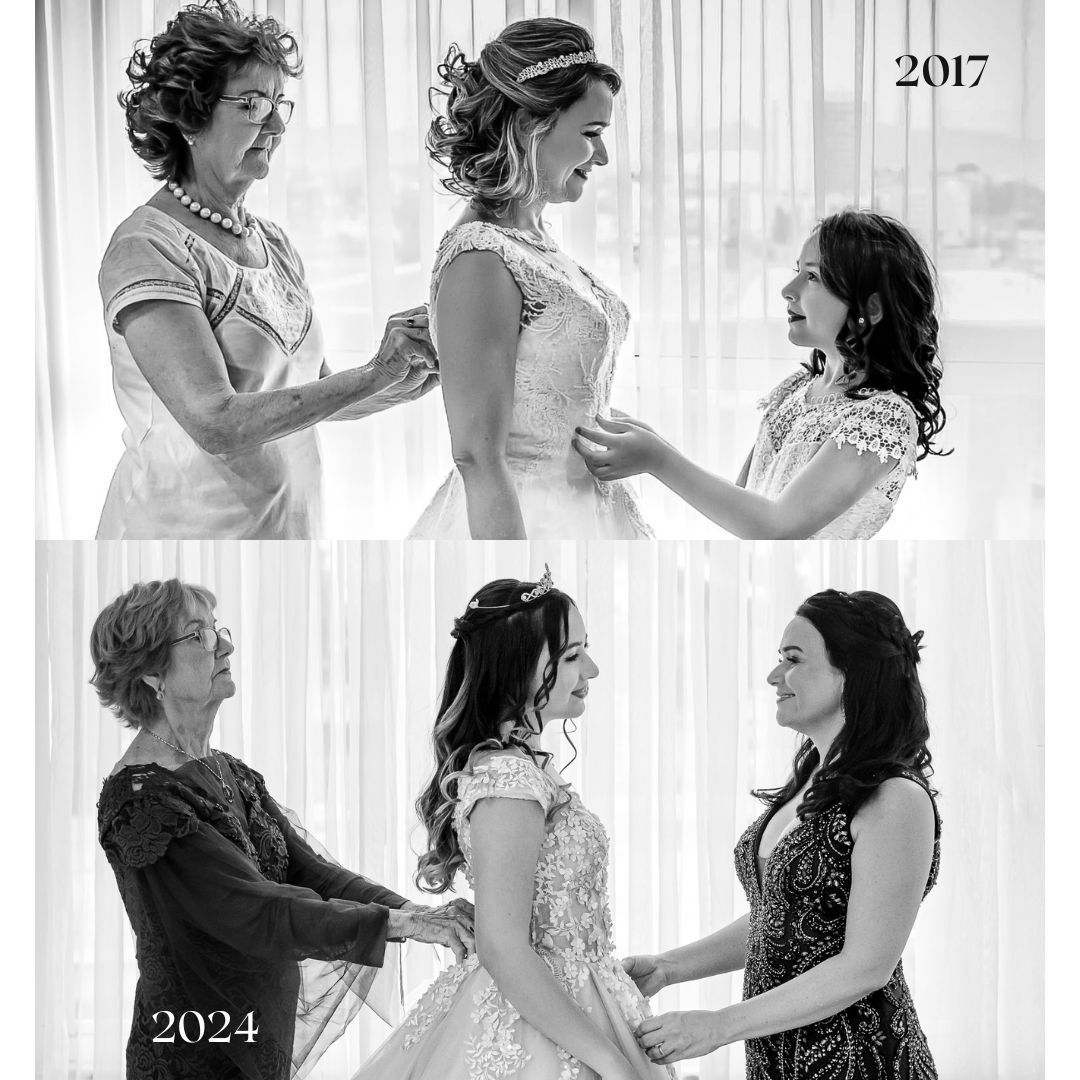 linha do tempo, fotógrafo registra filha arruma sua mãe para o casamento junto com a sua avó, 7 anos depois mãe e avó arrumam  debutante para sua festa de 15 anos.