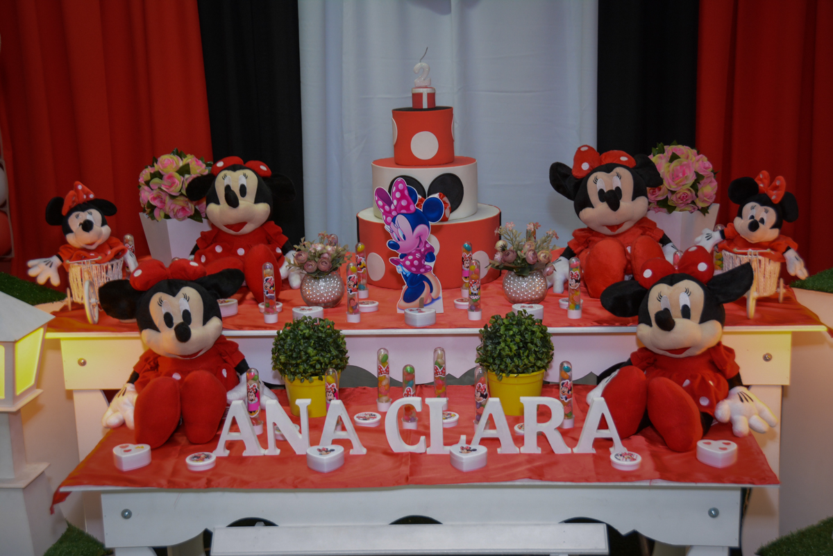 Mesa decorada na Festa infantil, Ana Clara 2 aninhos, tema da festa Minie Vermelha, Buffet Balão Mágico, Osaco, SP