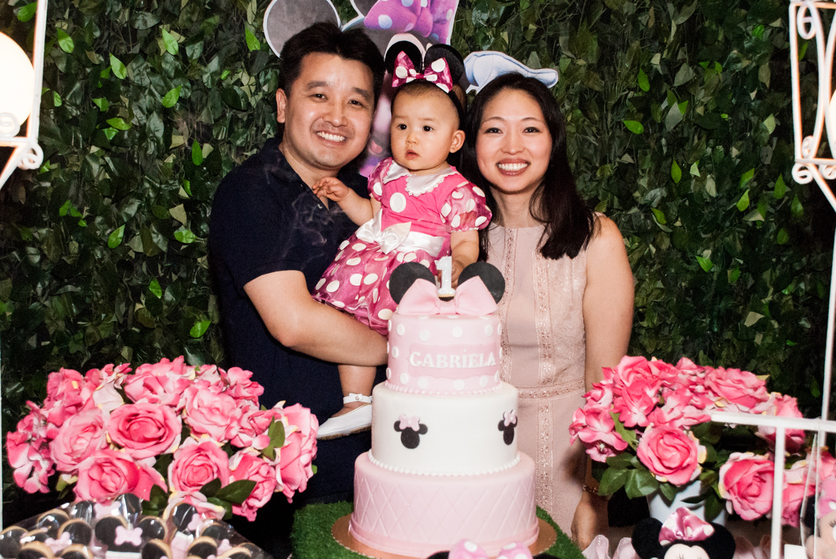 final da festa no Buffet Magic Joy, Saude São Paulo, aniversário de Gabriela 1 ano, tema da festa minie rosa