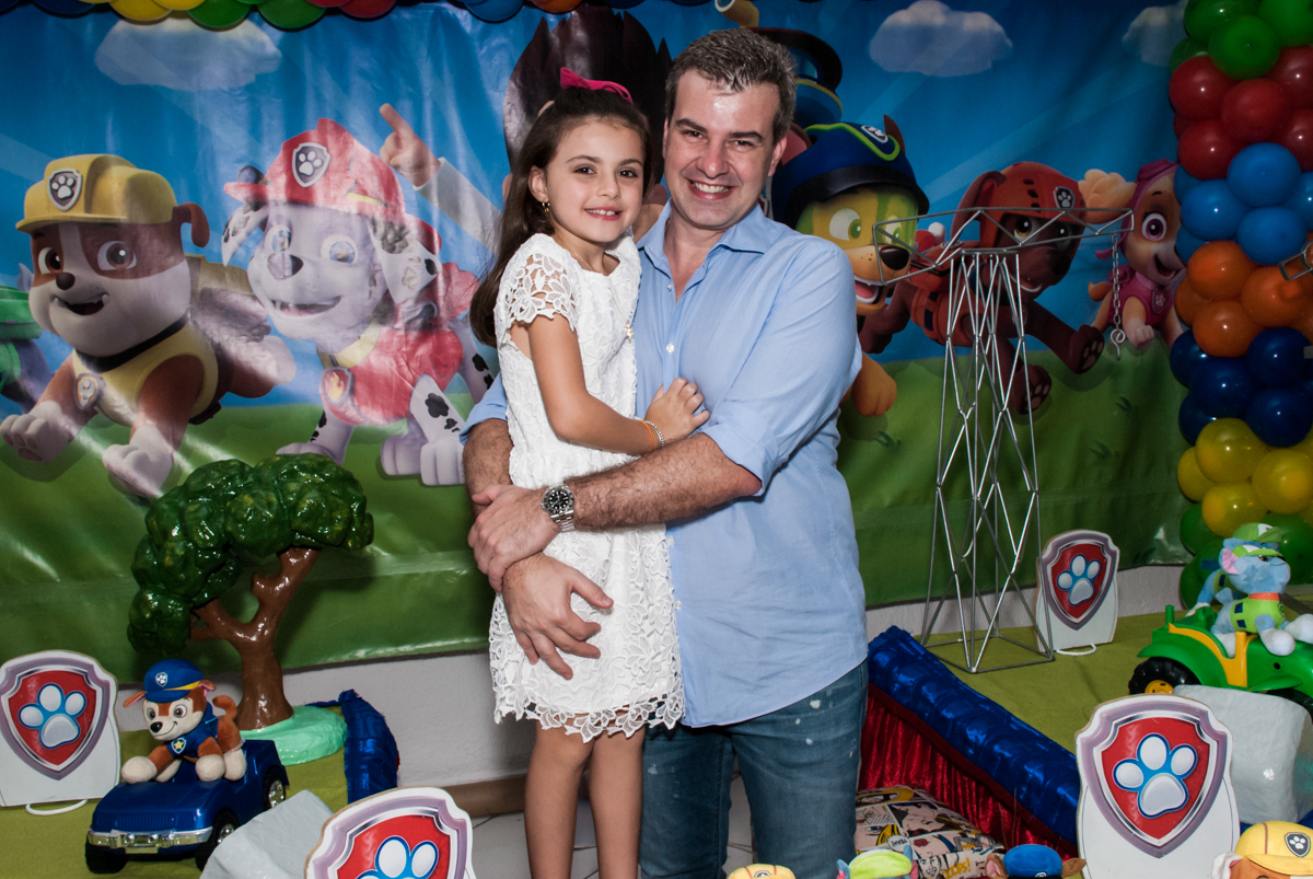 alegria com a filha no Buffet Fábrica da Alegria Morumbi, São Paulo, aniversário de Isabela 4 anos, tema da festa Patrulha Canina