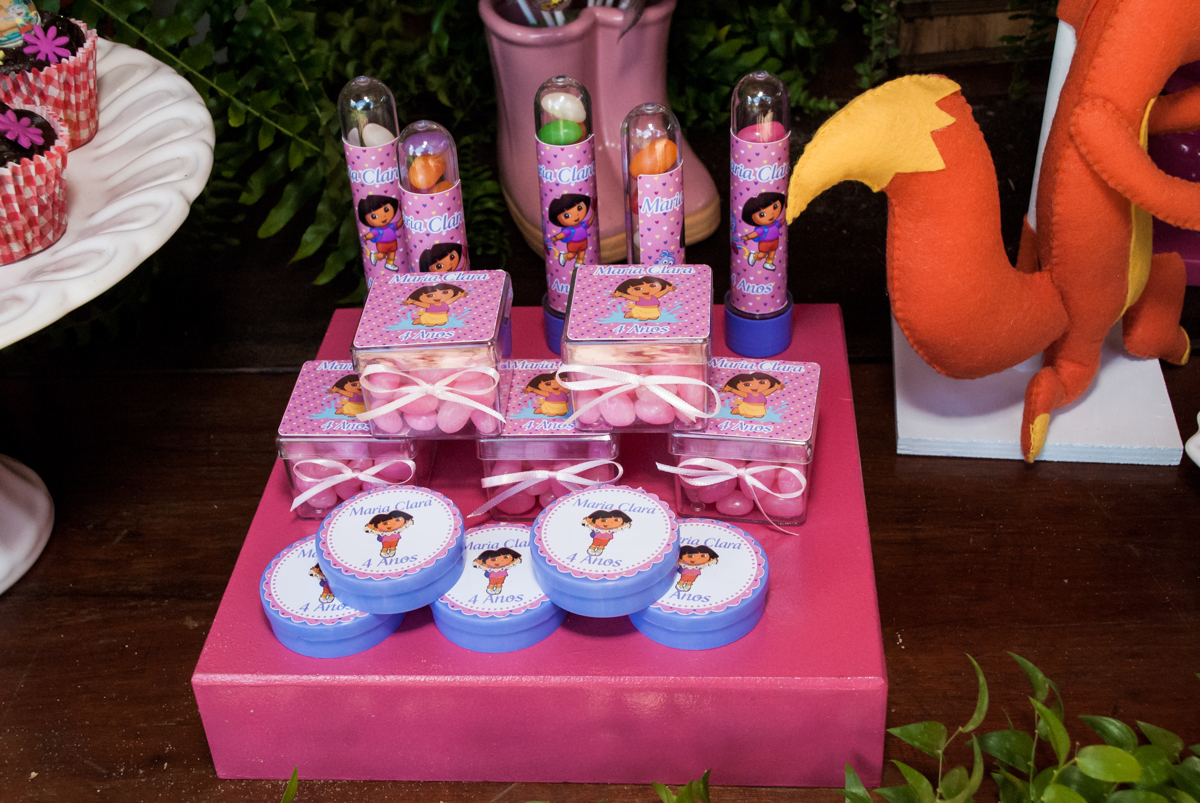 lembranças para as crianças no Buffet Pet Zoo, Cotia, São Paulo, aniversário de Maria Clara 4 anos, Buffet Pet Zoo, Cotia, São Paulo, tema da festa Dora a Aventureira