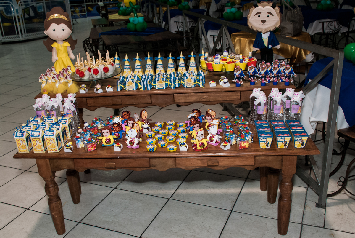 mesa de guloseimas no Buffet Fábrica da Alegria, Osasco São Paulo, aniversário de Vitória 9 anos, tema da festa A Bela e a Fera
