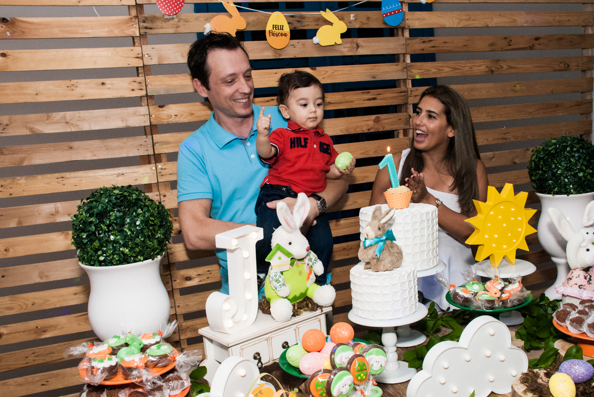 Parabéns animado no Buffet Grand Kid's, Cotia São Paulo, aniversário de Joseph 1 ano, tema da festa páscoa