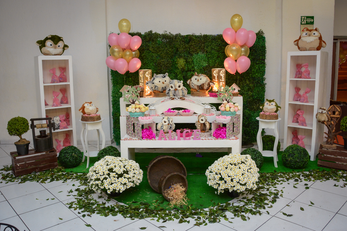 mesa decorada tema corujas no Buffet Fábrica da Alegria Unidade Morumbi, São Paulo