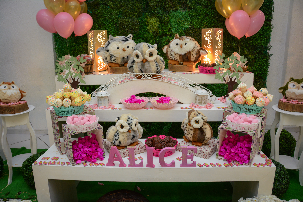 detalhe da mesa decorada corujas no Buffet Fábrica da Alegria Unidade Morumbi, São Paulo