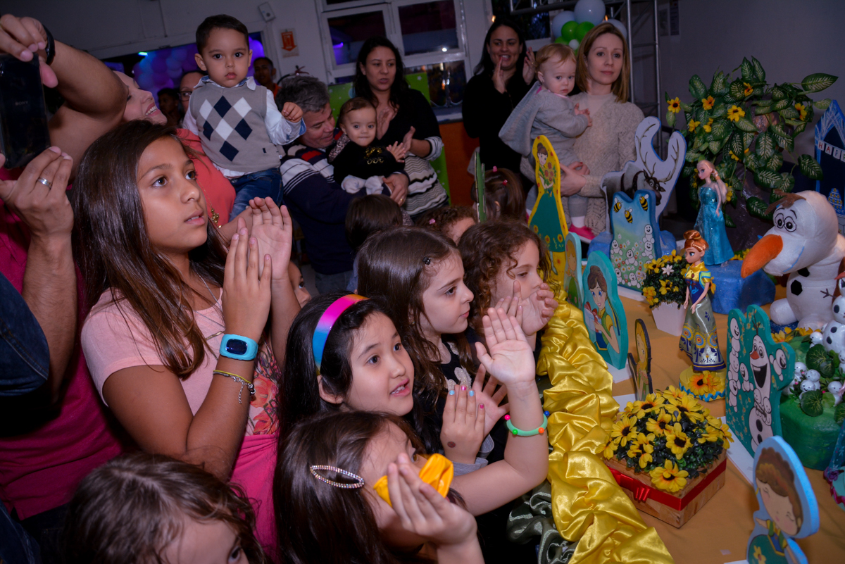 as crianças cantam parabéns para a aniversariante no Planeta Buffet, São Paulo