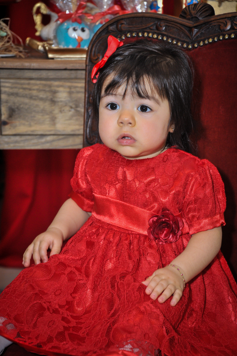foto da aniversariante em frente a mesa tema galinha pintadinha no Buffet Fábrica da Alegria unidade Osasco