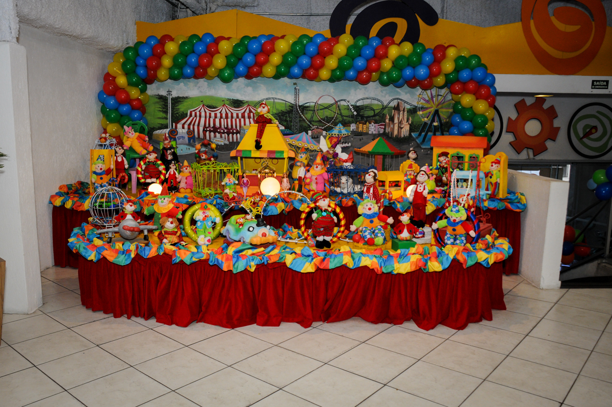 mesa decorada do circo no buffet fábrica da alegria, osasco, sp