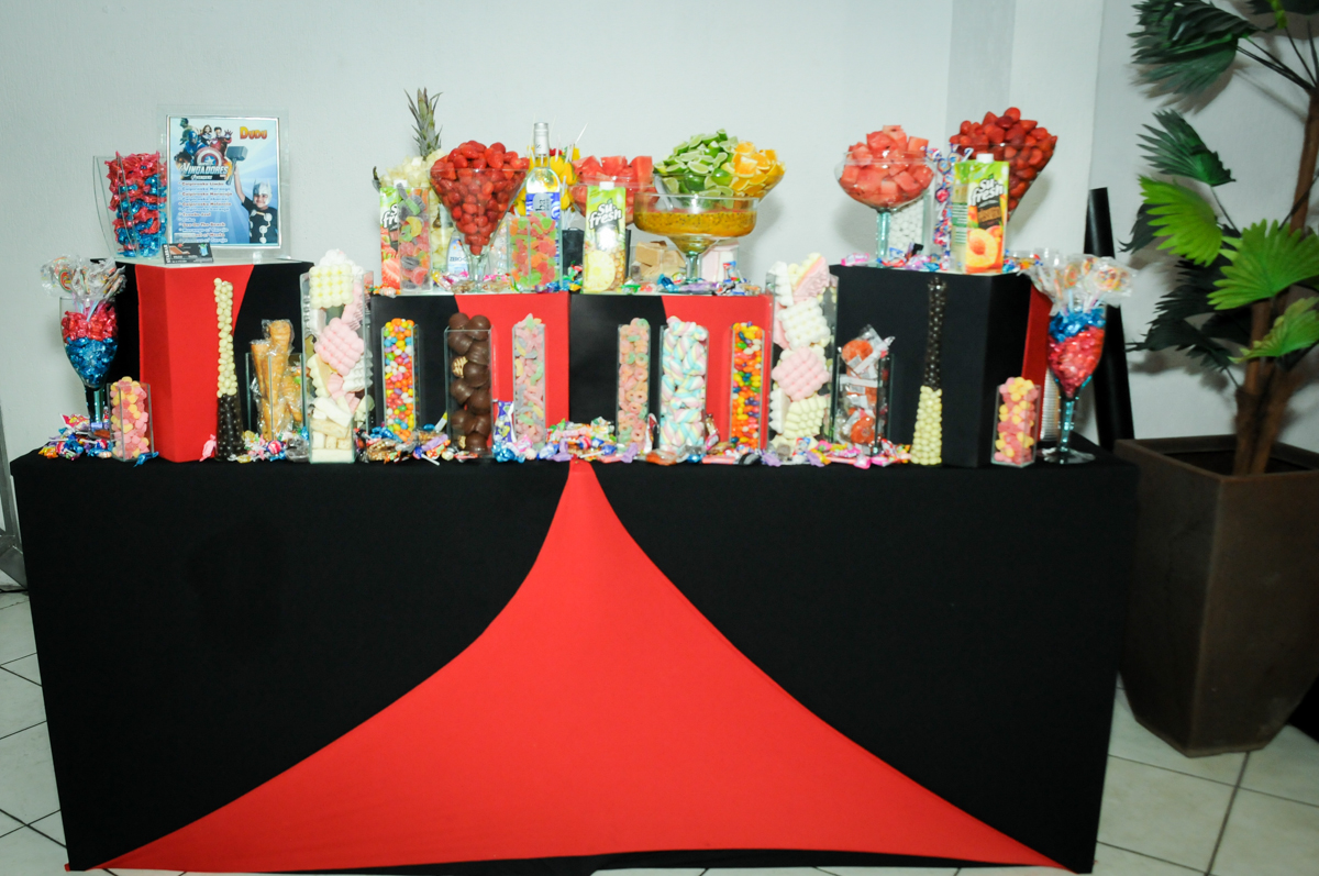 mesa de drinks na festa infantil,aniversário de eduardo 5 ano, buffet fábrica da alegria,osasco,sp,tema da mesa os vingadores