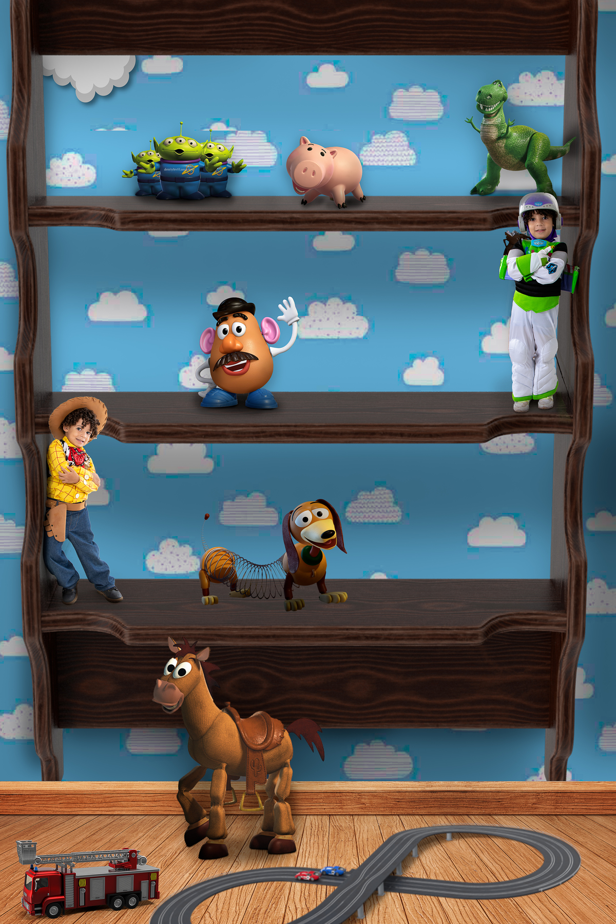 Brinquedos na prateleira nesse ensaio super divertido do tema Toy Story