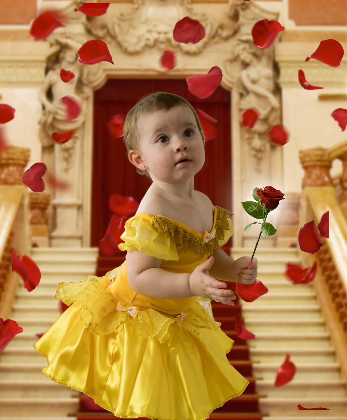 Juntar mundo do faz de conta em fotografias de estudio, ensaio infantil lúdico e encantador, com tema A Bela e a Fera. 