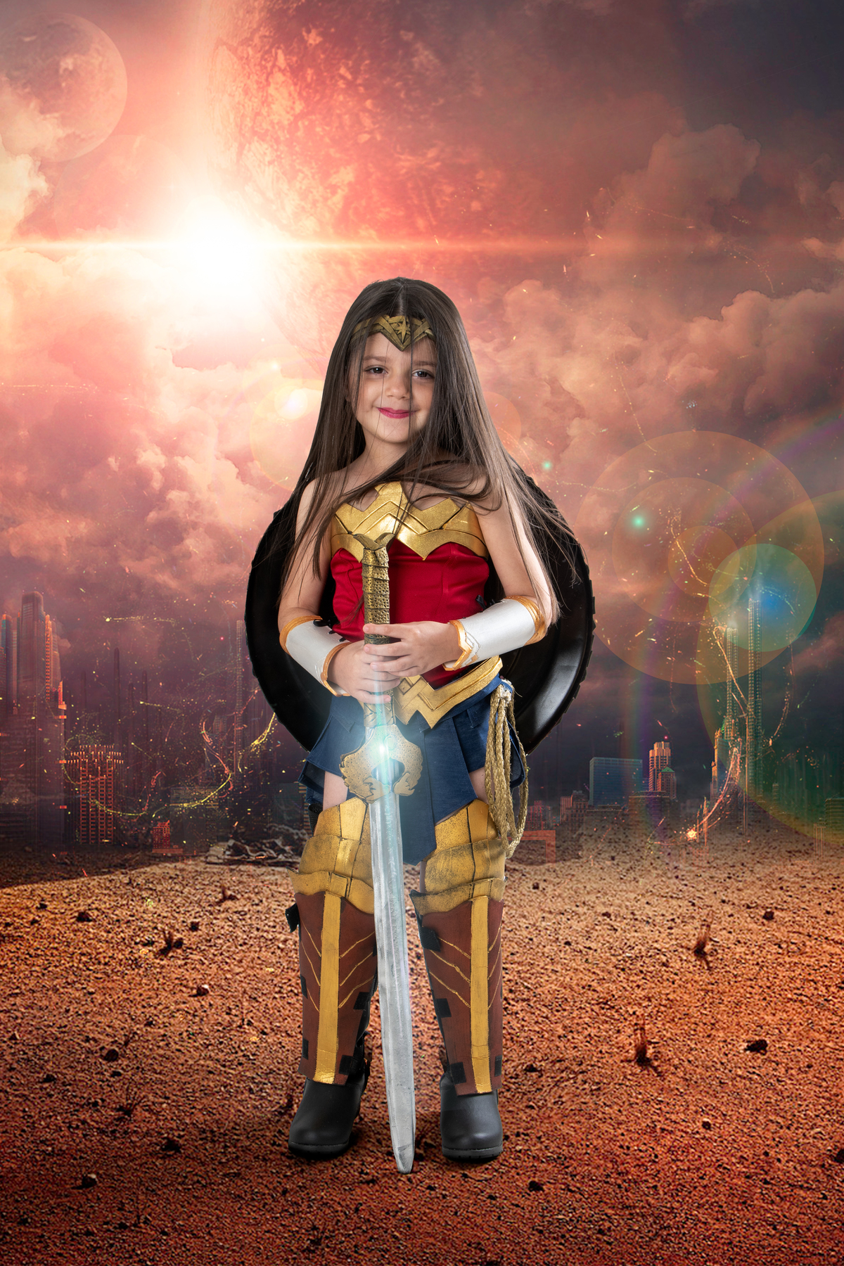 Ensaio fotográfico infantil tema Mulher Maravilha, com roupa do filme de 2017, escudo e espada realistas 