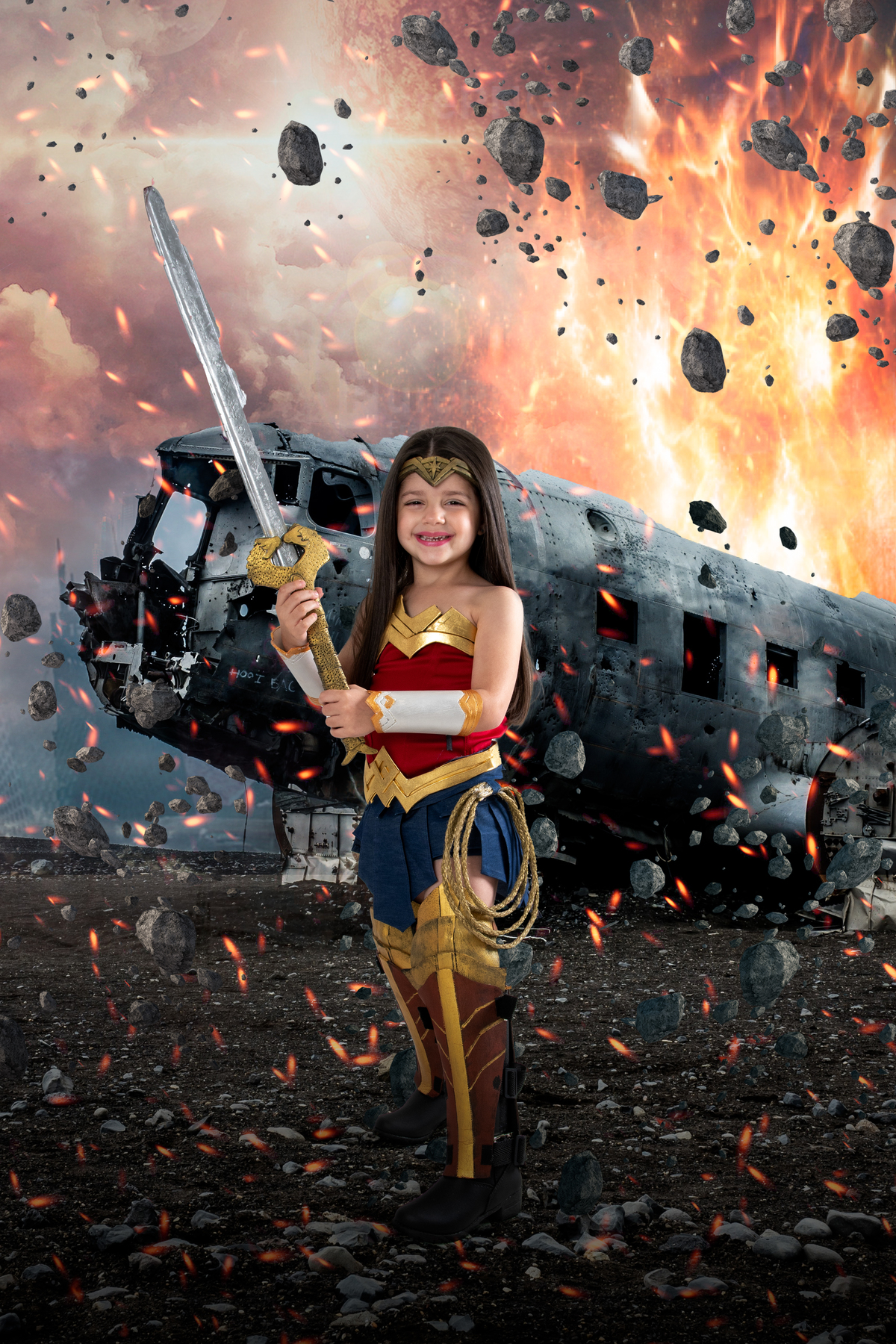 Ensaio fotográfico infantil tema Mulher Maravilha, com roupa do filme de 2017, escudo e espada realistas 