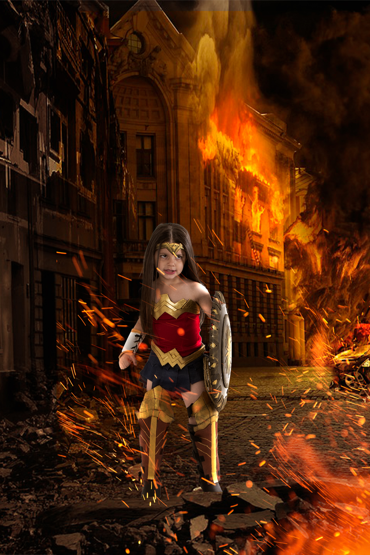 Ensaio fotográfico infantil tema Mulher Maravilha, com roupa do filme de 2017, escudo e espada realistas 