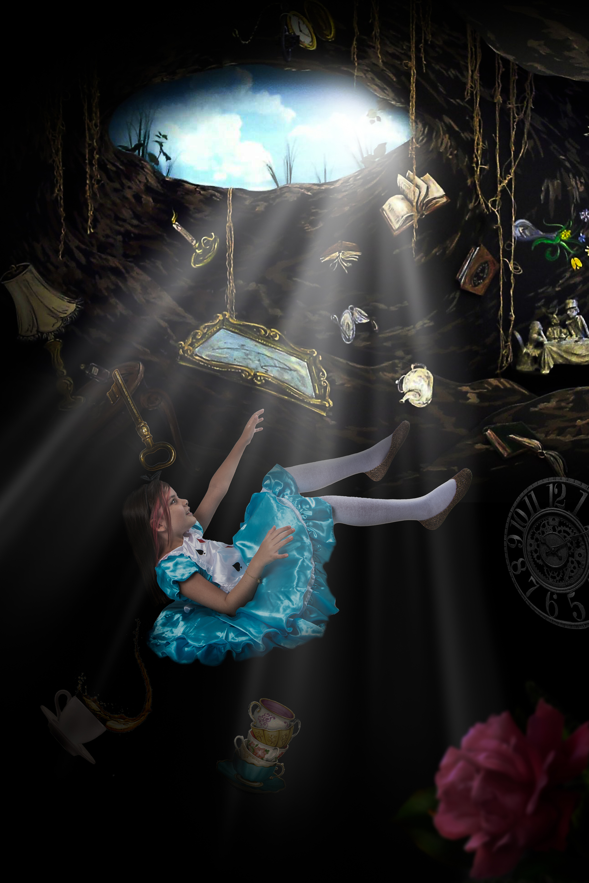 Ensaio lúdico Alice no Pais das Maravilhas , caindo no buraco do coelho