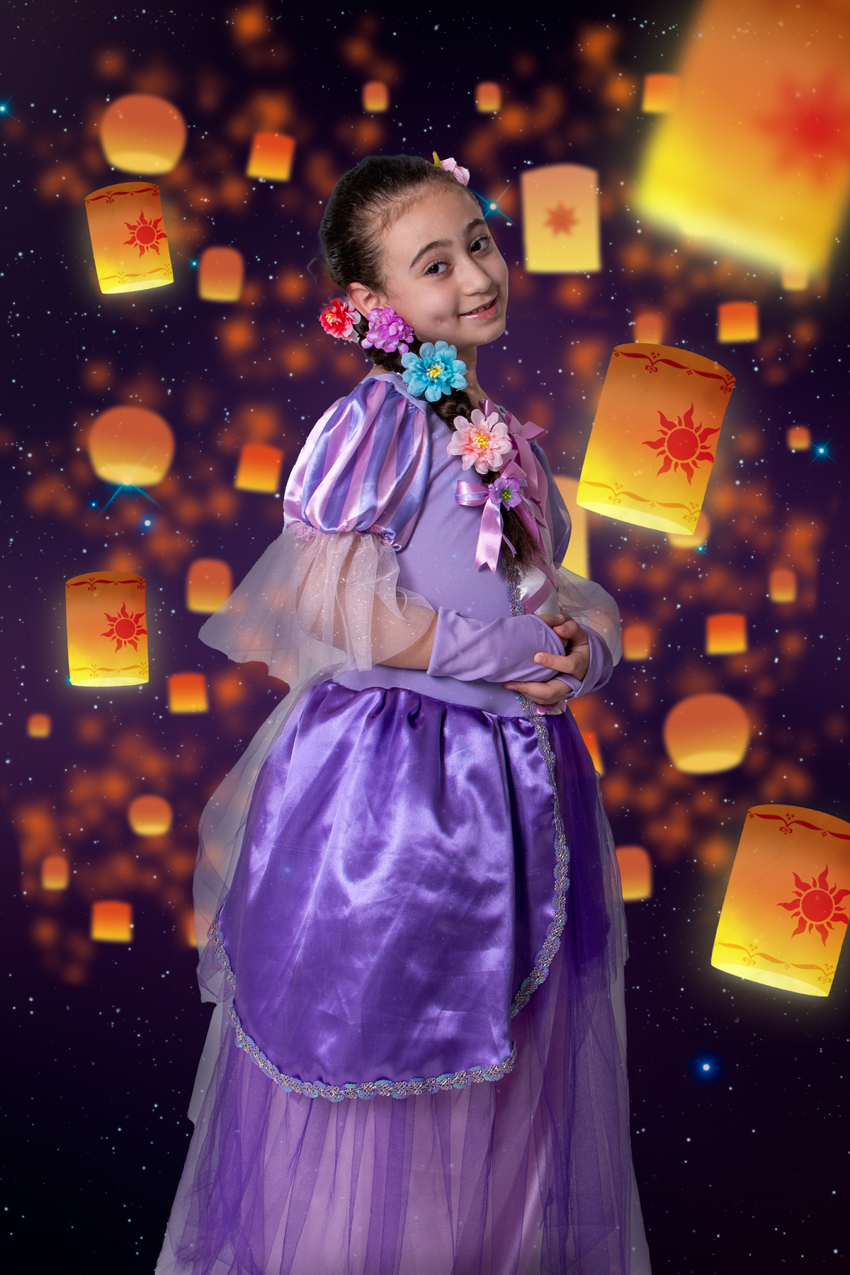 Ensaio fotográfico infantil lúdico com tema Enrolados da Disney, Rapunzel em grande estilo