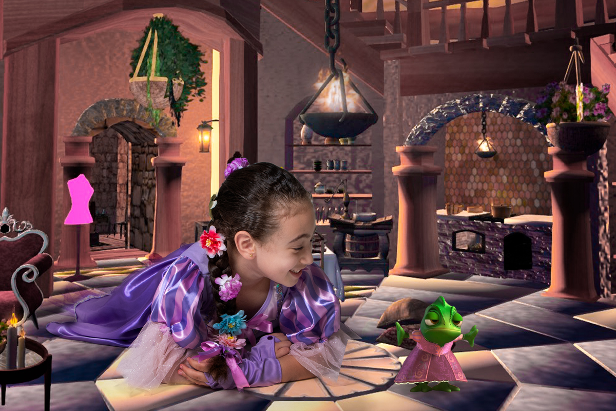 Ensaio fotográfico infantil lúdico com tema Enrolados da Disney, Rapunzel em grande estilo