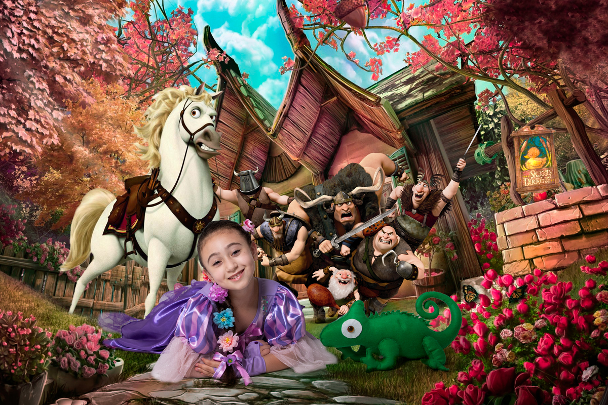 Ensaio fotográfico infantil lúdico com tema Enrolados da Disney, Rapunzel em grande estilo