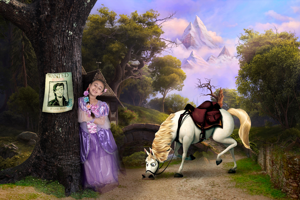 Ensaio fotográfico infantil lúdico com tema Enrolados da Disney, Rapunzel em grande estilo