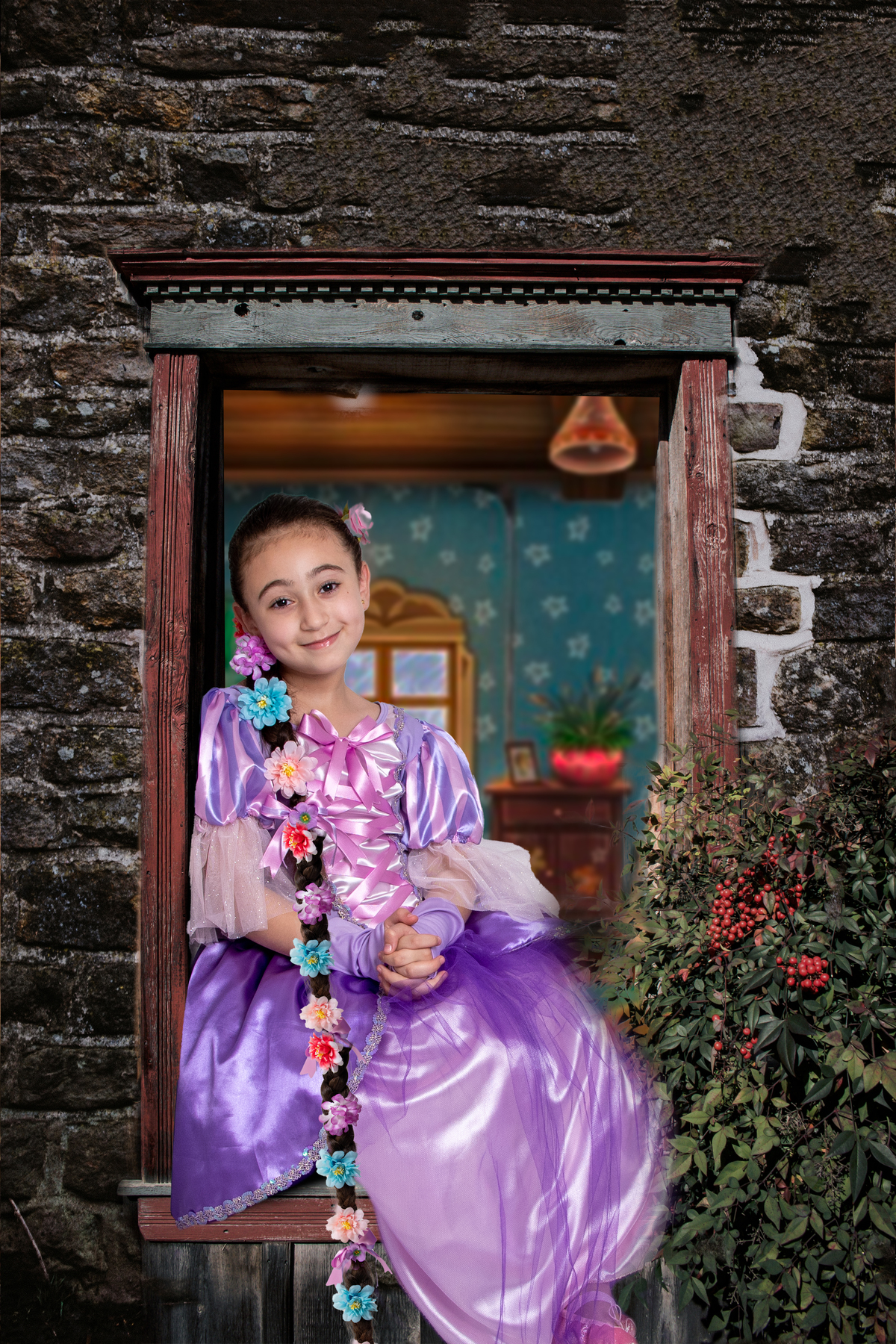 Ensaio fotográfico infantil lúdico com tema Enrolados da Disney, Rapunzel em grande estilo