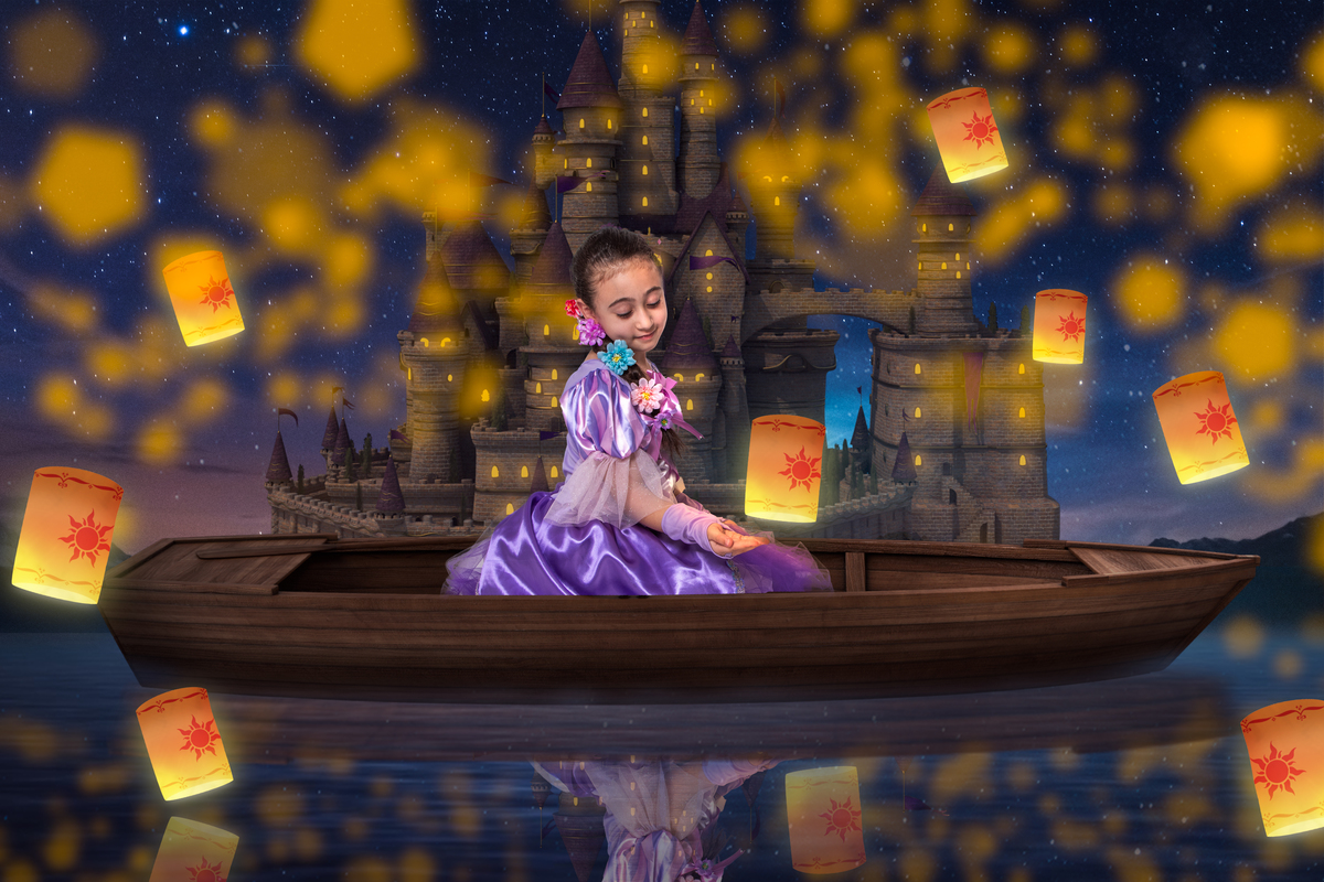 Ensaio fotográfico infantil lúdico com tema Enrolados da Disney, Rapunzel em grande estilo