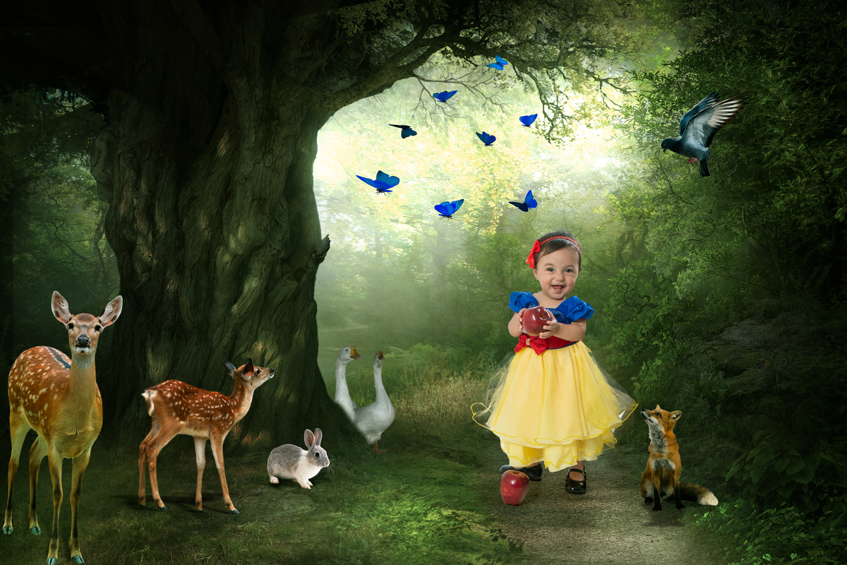 Smash the cake com fotos lúdicas no tema Branca de Neve, primeiro fazemos as fotos lúdicas, depois as fotos do banho de do bolo, enriquecendo ainda mais o primeiro ano da bebê