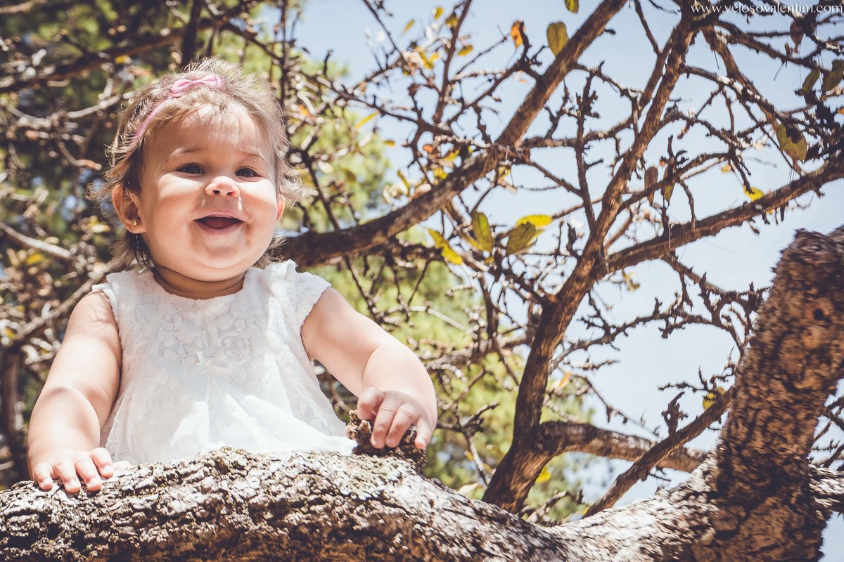 ensaio ao ar livre bebê sorrindo com galhos de árvores e céu ao fundo Brasília DF