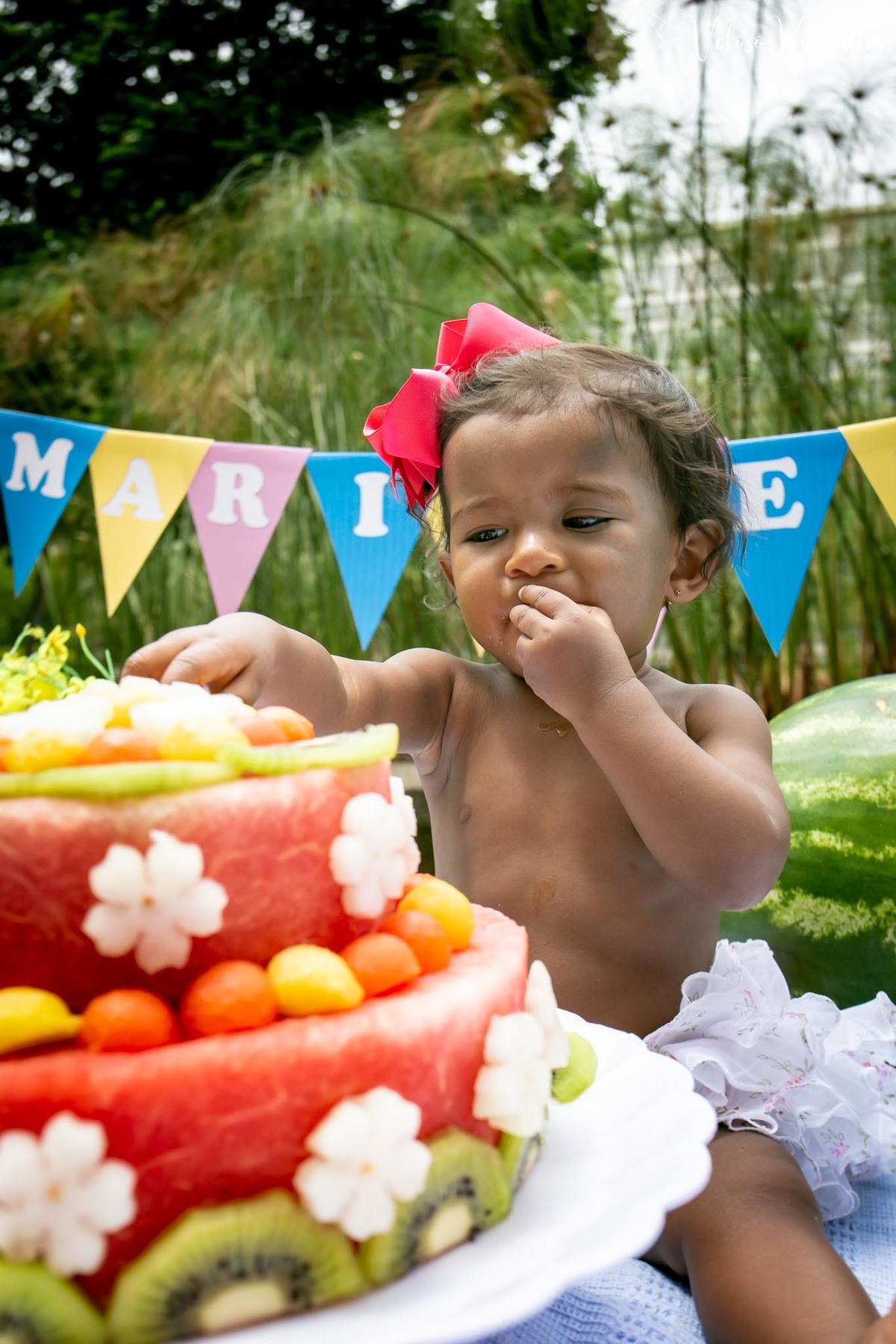 Ensaio smash the cake com bolo de frutas com a família em Brasília - DF