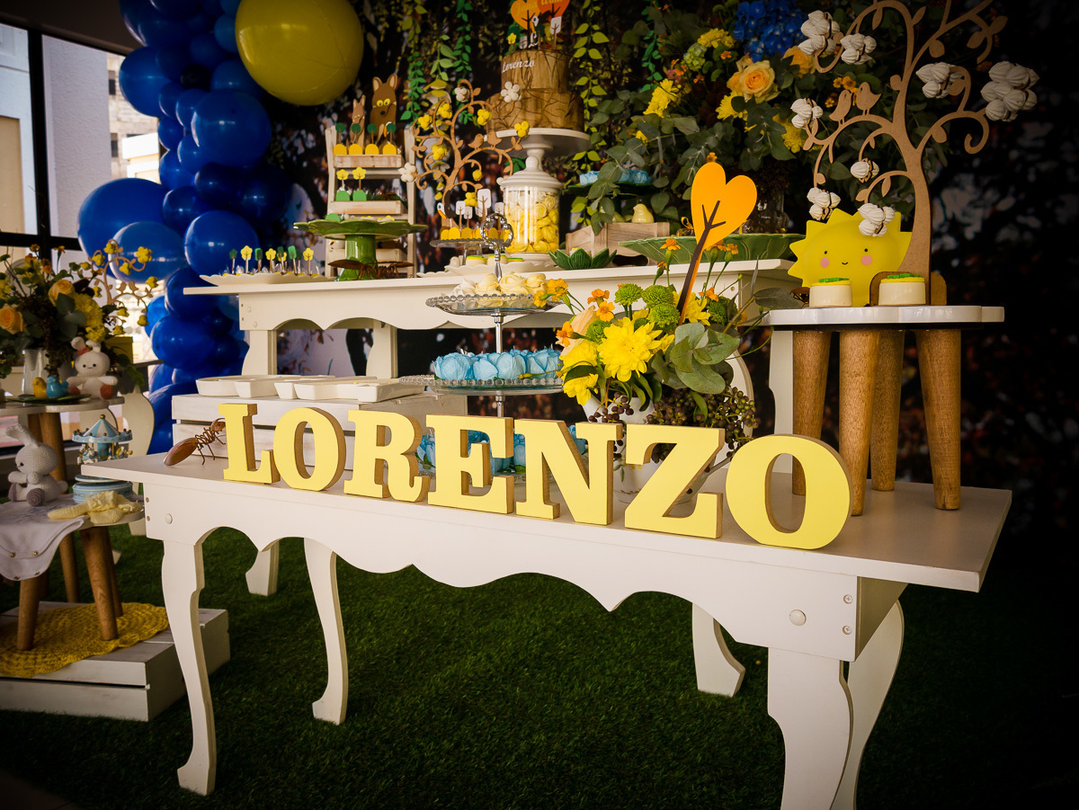 Decoração de chá de fraldas Brasília Papel e Tesoura tema cerrado fauna e flora flores plantas suspiros corujas 