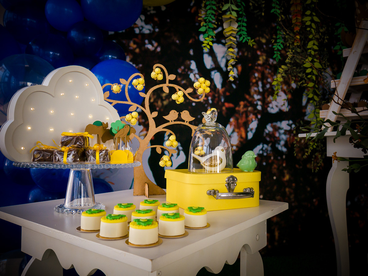 Decoração de chá de fraldas Brasília Papel e Tesoura tema cerrado fauna e flora flores plantas suspiros corujas 