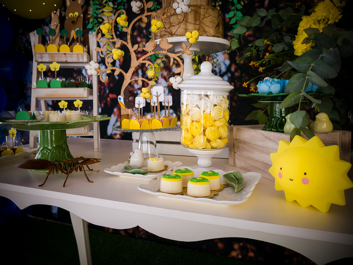 Decoração de chá de fraldas Brasília Papel e Tesoura tema cerrado fauna e flora flores plantas suspiros corujas 