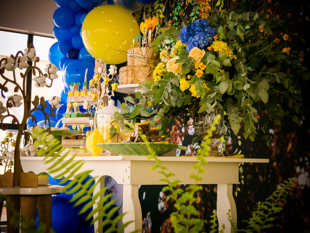 Decoração de chá de fraldas Brasília Papel e Tesoura tema cerrado fauna e flora flores plantas suspiros corujas 