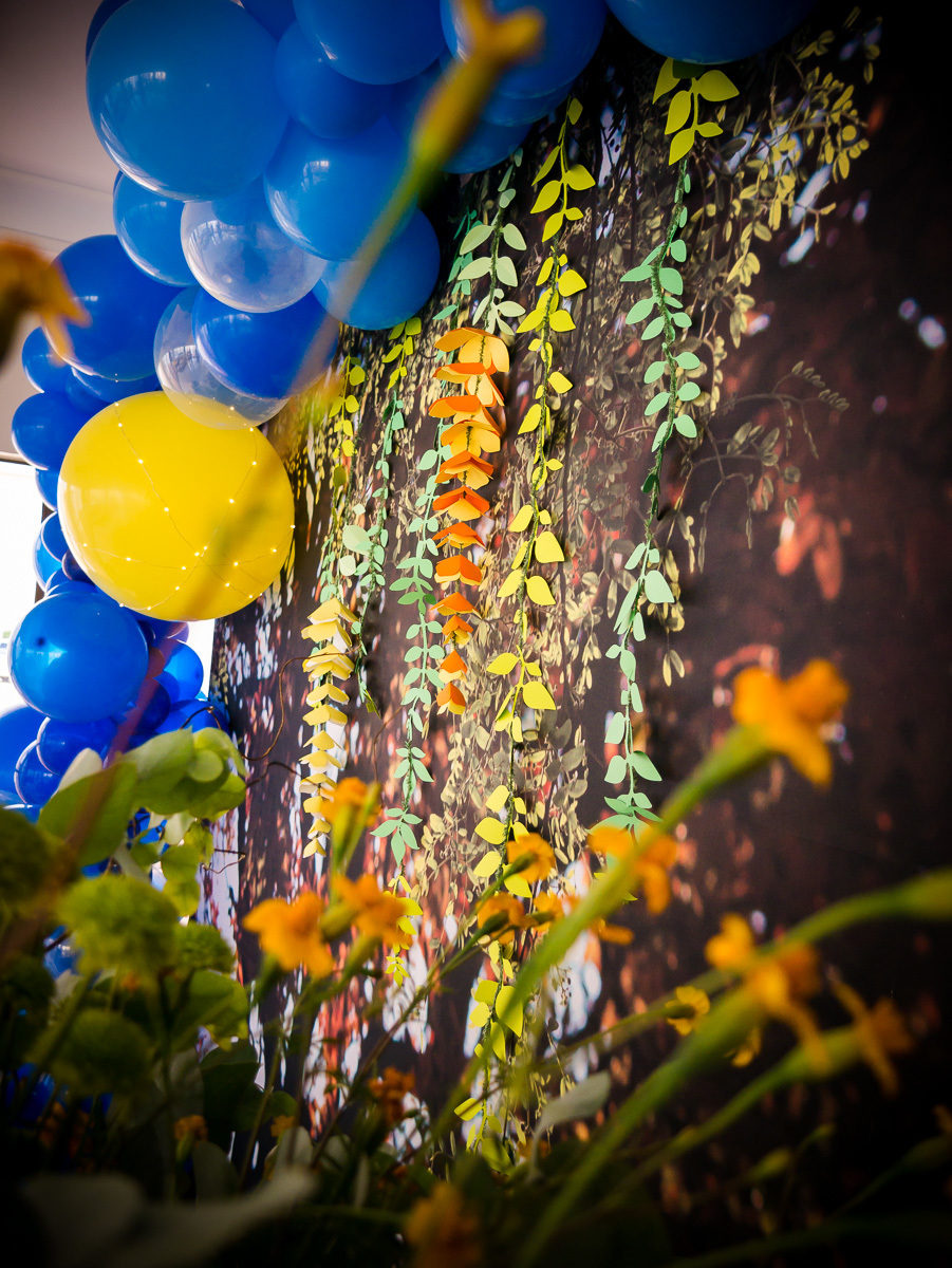 Decoração de chá de fraldas Brasília Papel e Tesoura tema cerrado fauna e flora flores plantas suspiros corujas 