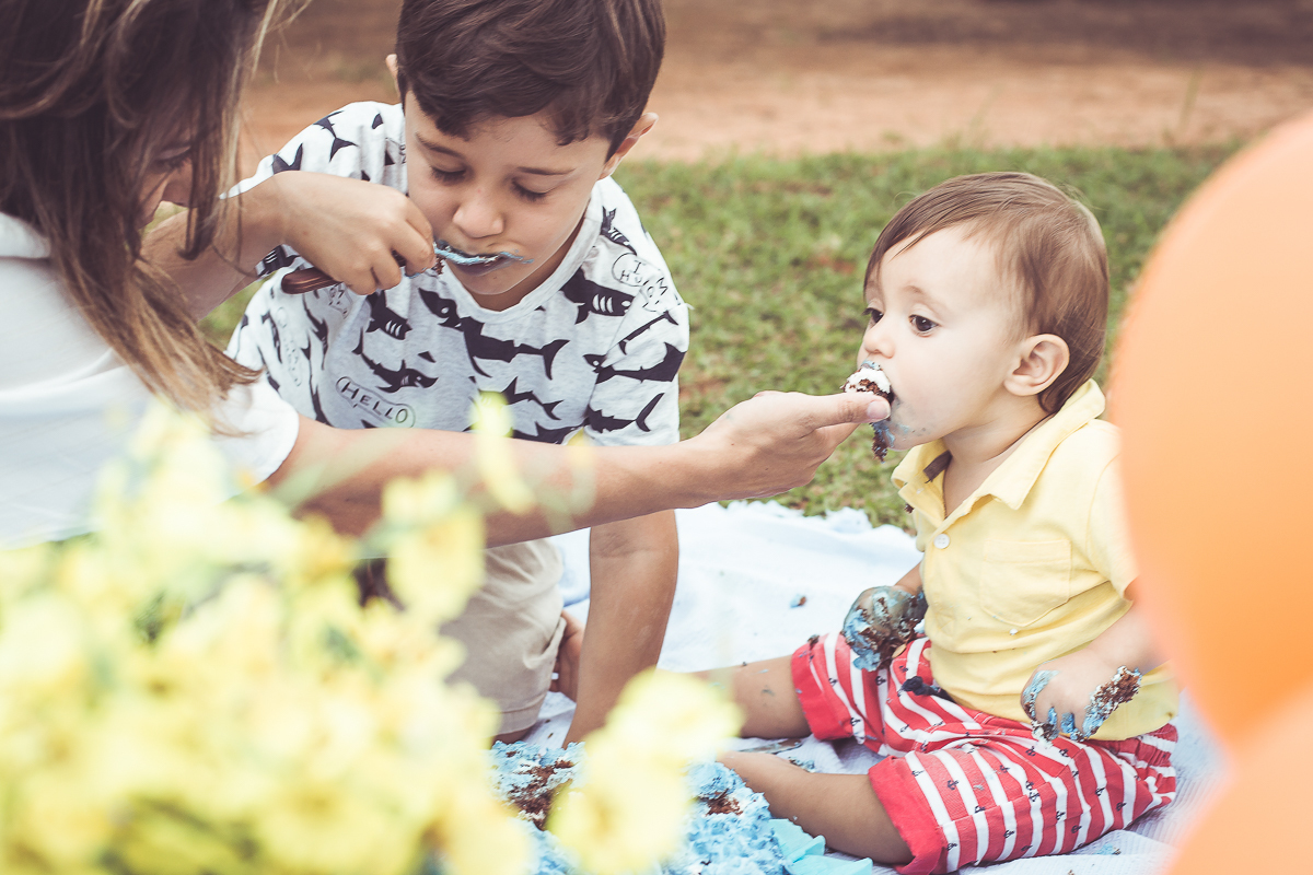 ensaio smash the cake tema foguete primeiro aninho parque da cidade família laranja e azul banho menino  Brasília DF veloso valentim book família fotografia irmãos comendo bolo