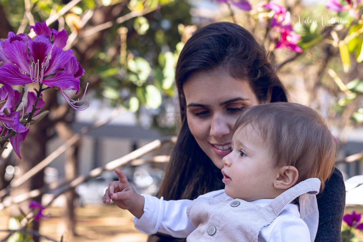 ensaio acompanhamento do primeiro ano do bebê Aurora 12 meses em casa com a família ao ar livre aprendendo a andar primeiros passos Brasília DF Veloso Valentim fotografia afetiva bebê vendo flores com a mãe