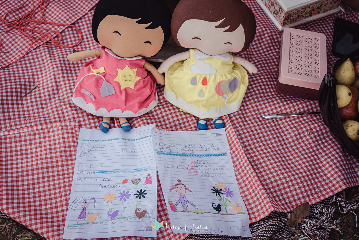 bonecas de pano sobre toalha xadrez de picnic