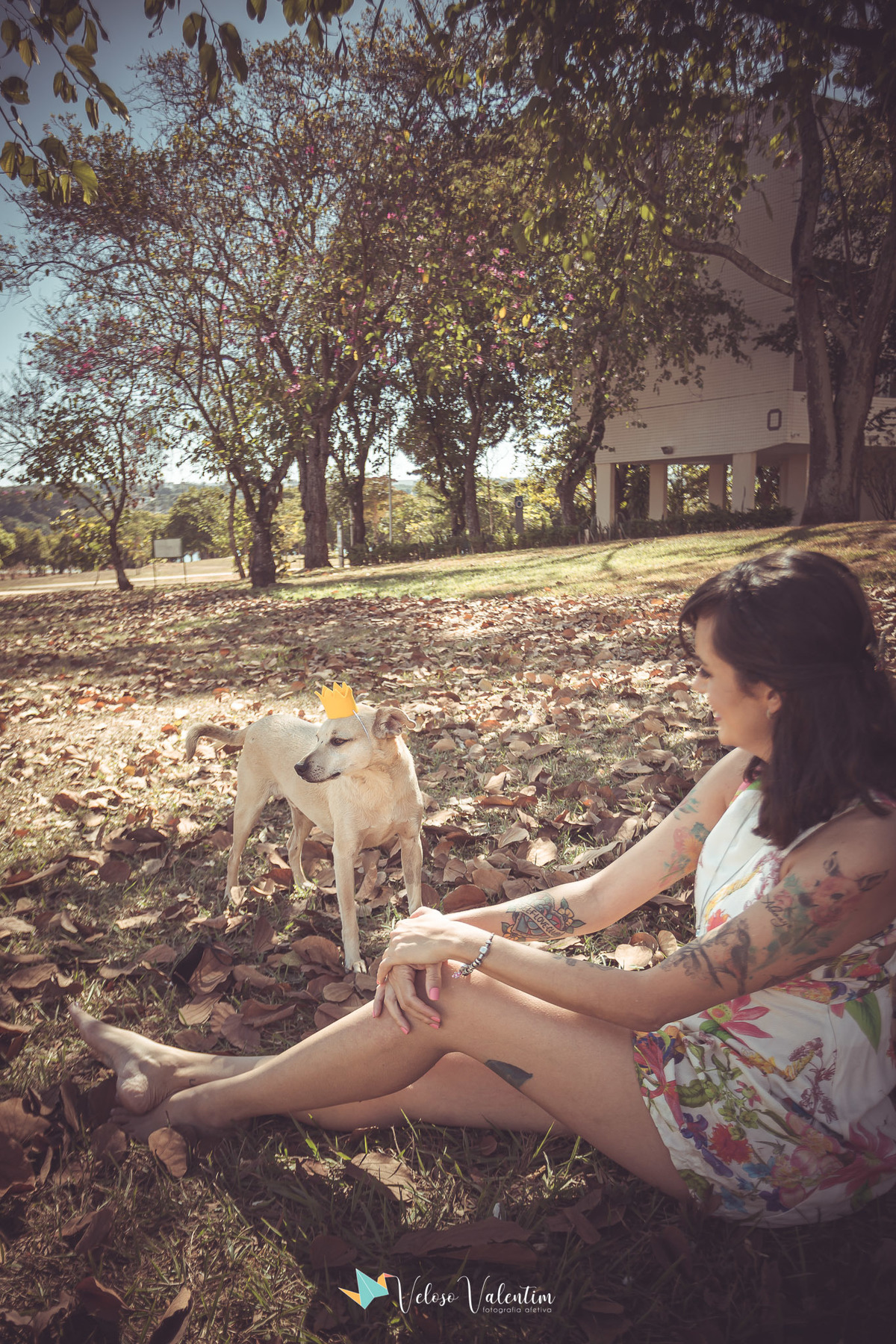 mulher com cachorro bege com coroa