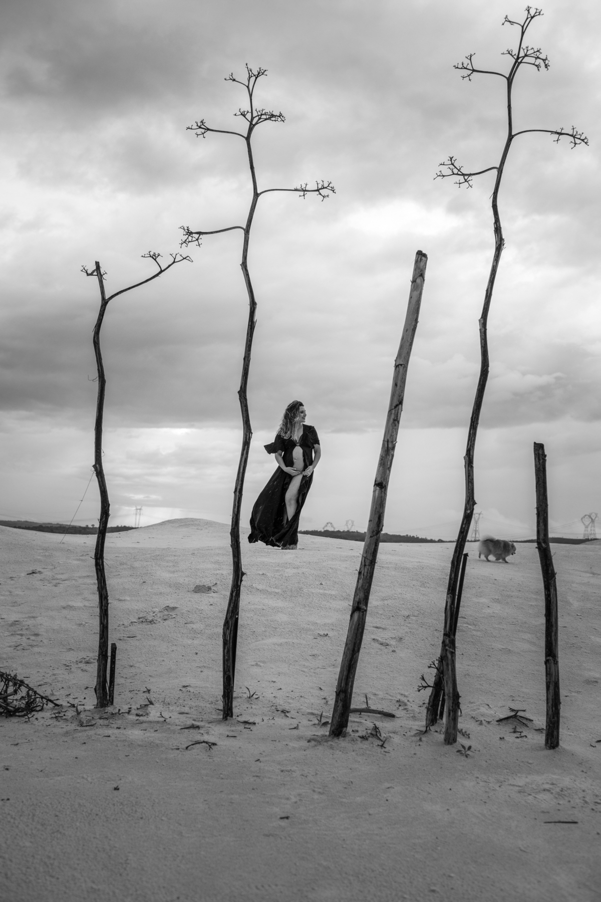 gestante em pé em frente a uma árvore seca com galhos nus, criando um contraste visual impactante entre a natureza árida e o florescer da vida. Fotos feitas pelo fotógrafo de gestante Rafael Ohana em Brasília.