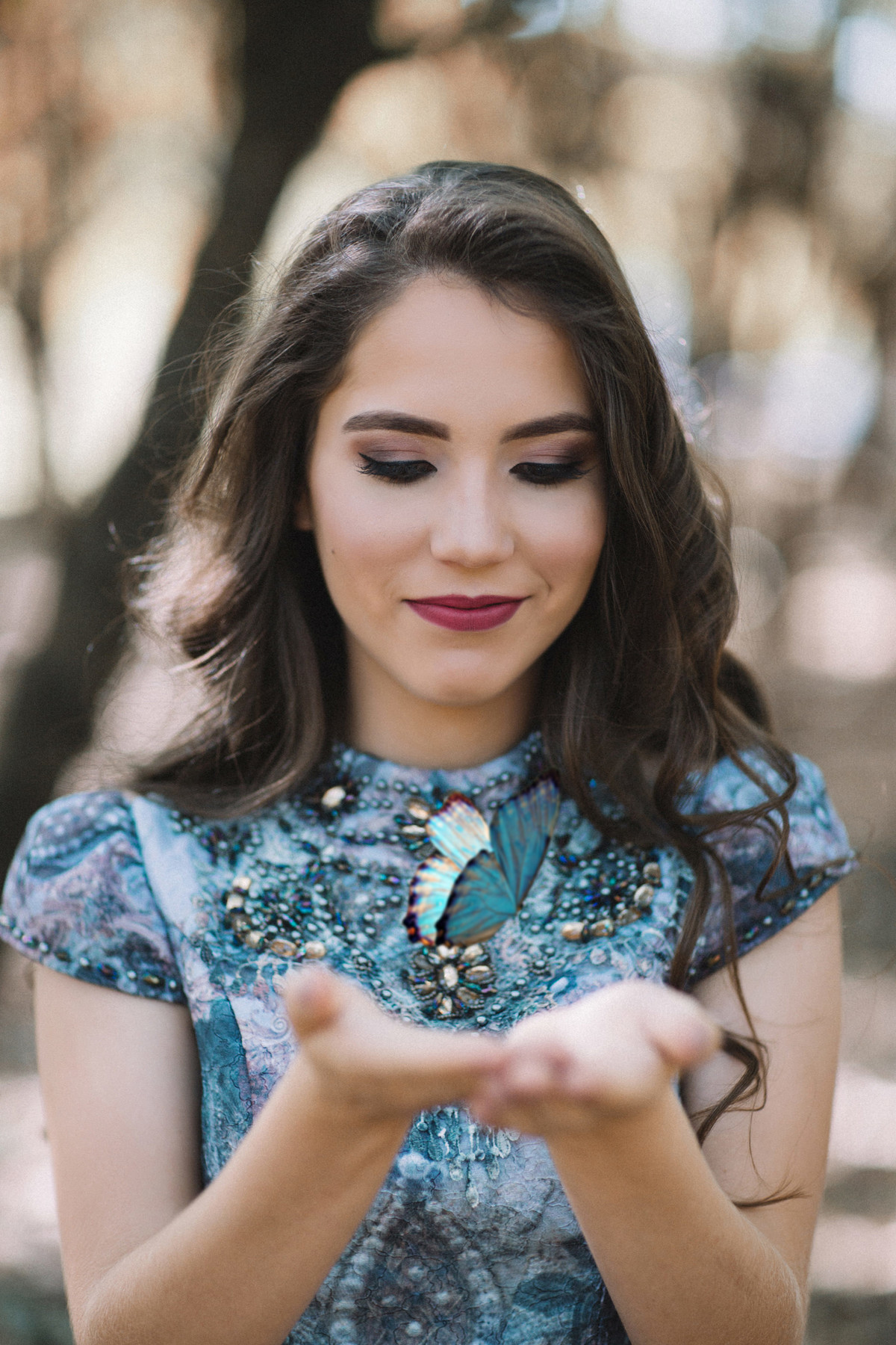 book de 15 anos com menina de azul olhando borboleta azul