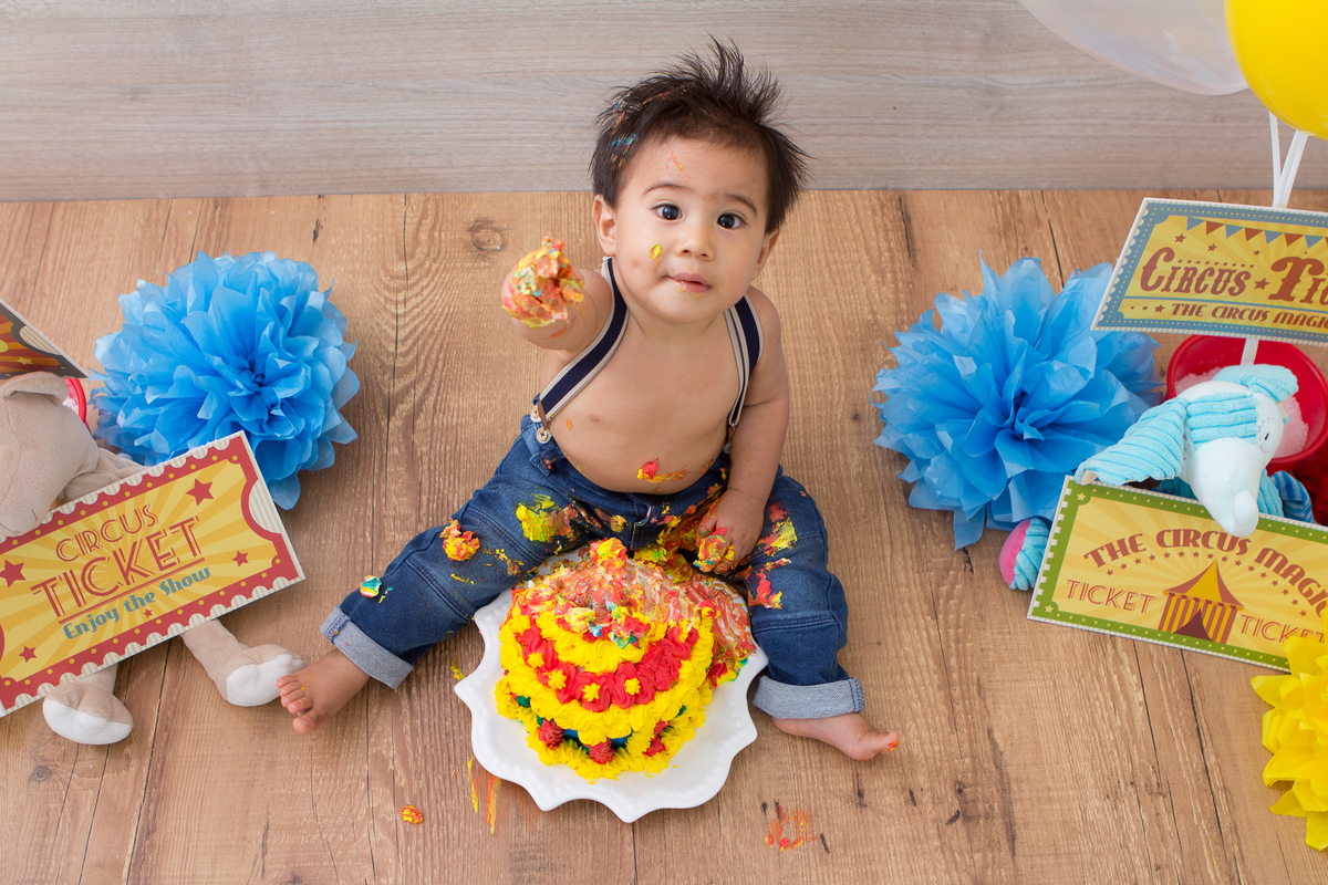 foto de criança, foto de criança circo, criança mexendo no bolo, criança esmagando bolo, bolo formato de circo