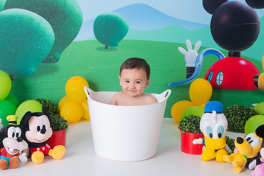 hora do banho após o ensaio smash the cake, tema a casa do mickey mouse