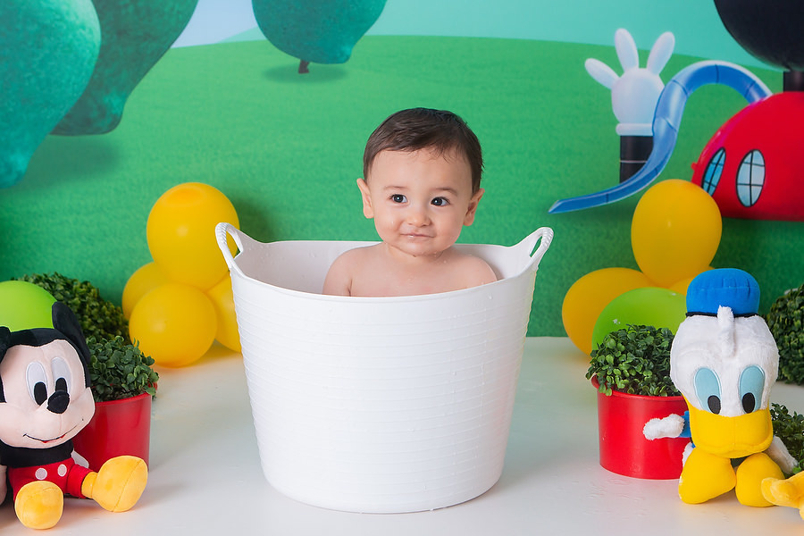 hora do banho após o ensaio smash the cake, tema a casa do mickey mous