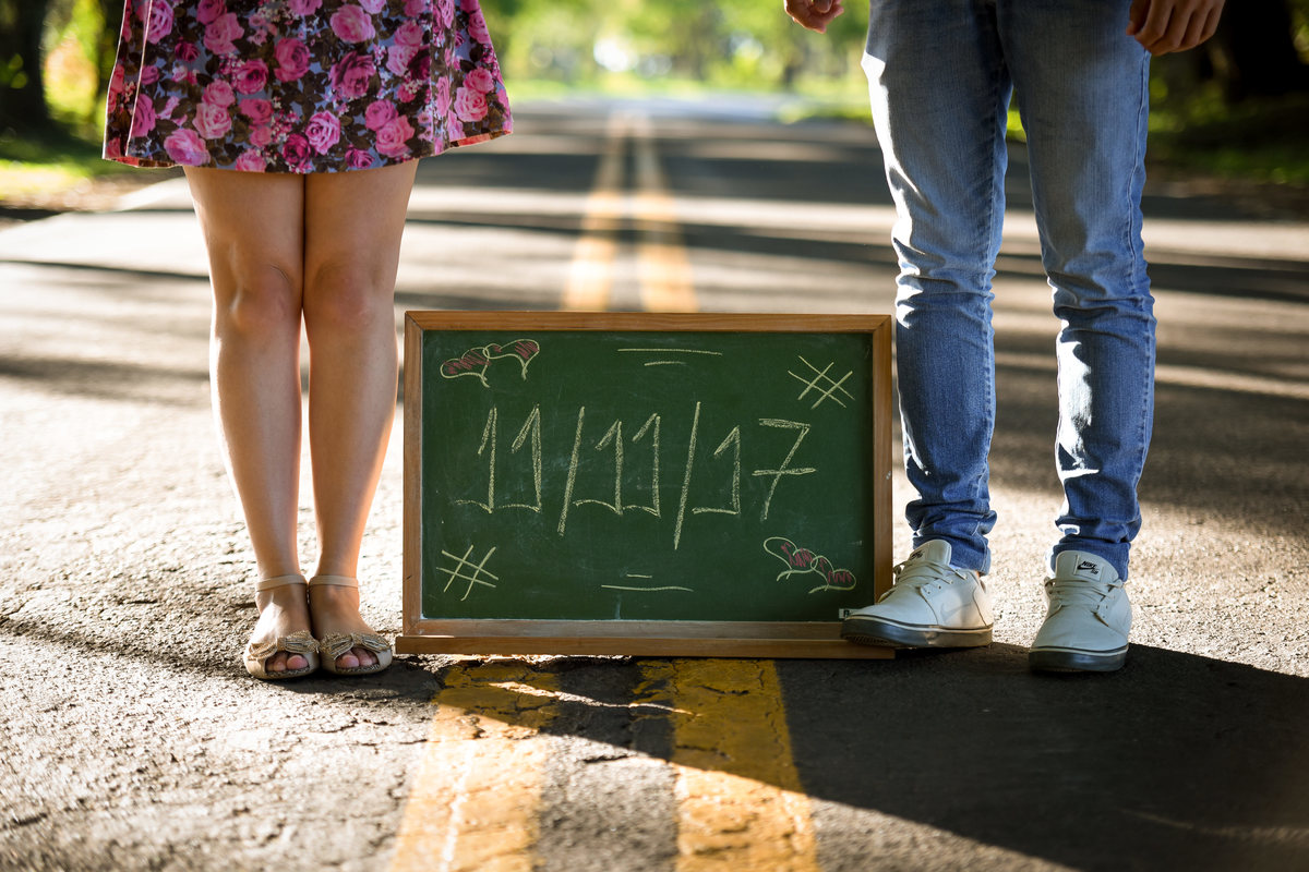 Ensaio de pre wedding do lindo casal Priscila e Alisson, fotografado no recanto dos papagaios e Witmarsum, pelo fotógrafo de ensaios e casamento em Campo Largo e Curitiba, Michel Druziki. Noivos com a placa com a data que acontecerá o casamento