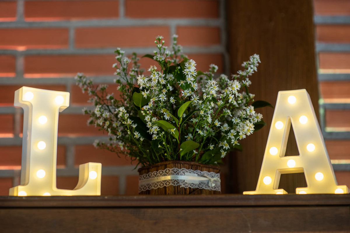 Melhor fotógrafo de Campo Largo e curitiba Michel Druziki. Letras luminosas com as iniciais dos noivos. Decoração casamento de dia