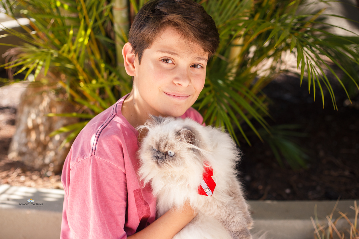 Menino abraçando seu gato persa himalaio enquanto olha para a câmera.